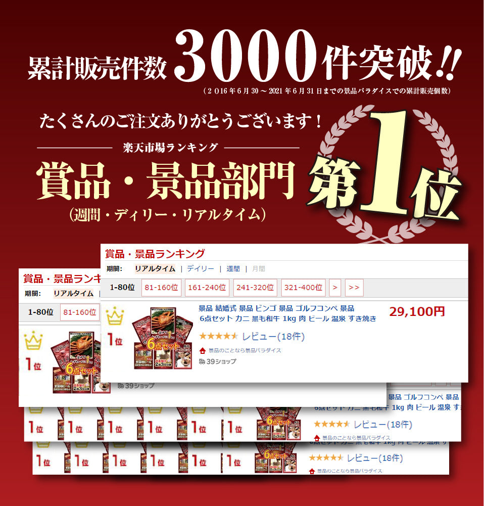 景品 紅ズワイガニ1㎏が目玉!黒毛和牛、ビール、ラーメンなど6点セット